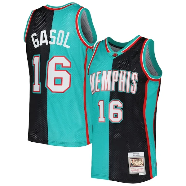 Pau Gasol Memphis Personalisable Grizzlies Hardwood Classics 2001/02 Split Swingman Jersey Black/Turquoise